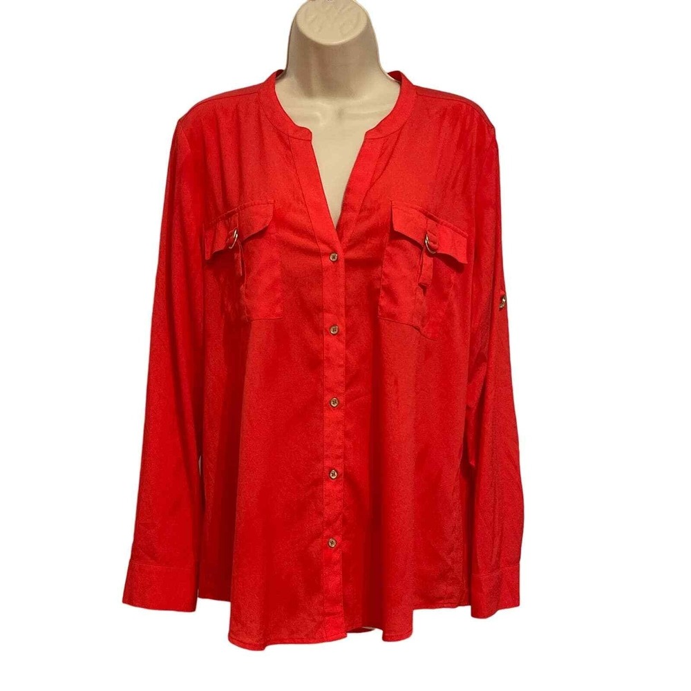 Calvin Klein Red Utility Button Down Blouse Roll Tab Sleeve Gold D-Ring‎ Large